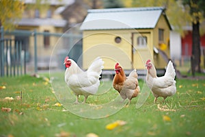 backyard chicken coop with free range hens pecking at the grass