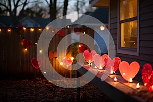 Backyard decorated with candles and hearts for Valentine\'s Day