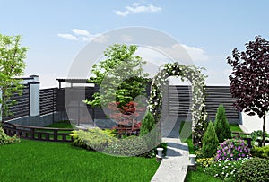 Backyard defining areas, 3d render