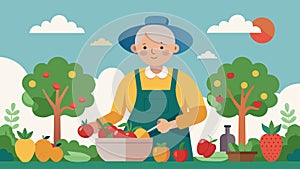 With a backyard filled with fruit trees and garden beds a Baby Boomer enjoys cooking with fresh homegrown ingredients photo