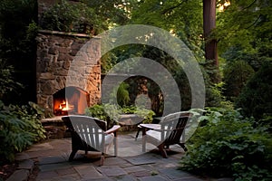 Backyard fireplace chairs relax. Generate Ai