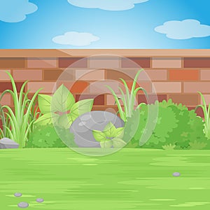 Backyard Garden With Bricks Wall.Vector Illustration.