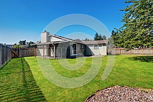 Backyard garden with cage. Rambler house exterior