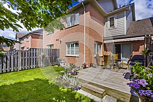 Backyard garden of custom built luxury house in the suburbs of Toronto, Canada.