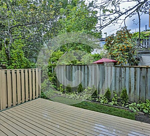 Backyard garden of custom built luxury house in the suburbs of Toronto, Canada.