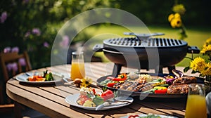 a backyard garden. The image showcases a grill BBQ in full swing, as it cooks delicious food. A wooden table, AI generated