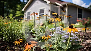 Backyard Garden with Pollinator-Friendly Plantings. A residential backyard garden blooms with pollinator-friendly plants