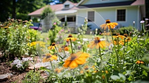 Backyard Garden with Pollinator-Friendly Plantings. A residential backyard garden blooms with pollinator-friendly plants