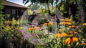 Backyard Garden with Pollinator-Friendly Plantings. A residential backyard garden blooms with pollinator-friendly plants