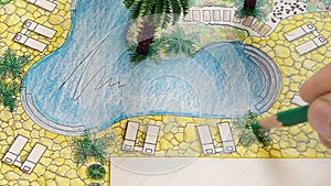 Backyard garden and pool design plan for villa.