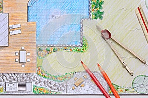 Backyard garden and pool design plan for villa.