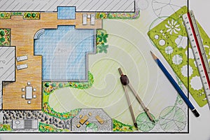 Backyard garden and pool design plan for villa