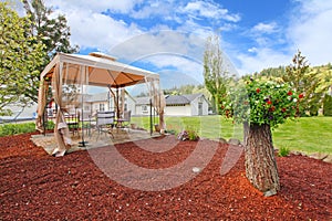 Backyard with gazebo and decorative tree