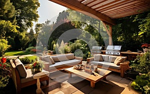 Backyard Getaway with Wooden Table and Soft Sofa. Generative AI