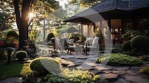 Backyard landscape with stone pathway with cushioned wooden chairs.