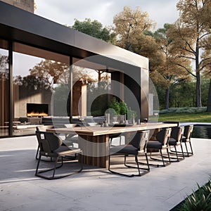 Backyard on modern minimalist villa. Dining table and chairs on outdoor patio in private mansion