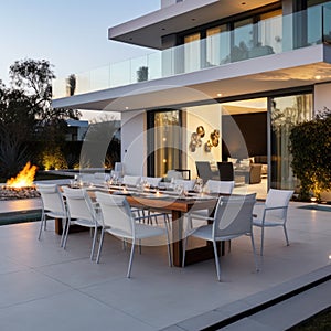 Backyard on modern minimalist villa. Dining table and chairs on outdoor patio in private mansion