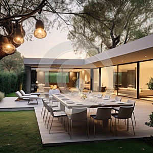 Backyard on modern minimalist villa. Dining table and chairs on outdoor patio in private mansion