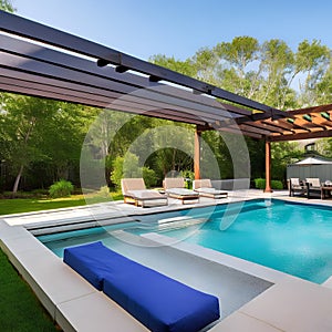 A backyard oasis with a swimming pool, a deck with lounge chairs, and a pergola with a dining area for outdoor entertaining1, Ge