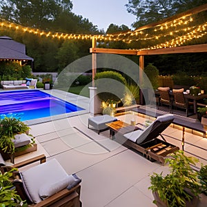 A backyard oasis with a swimming pool, a deck with lounge chairs, and a pergola with a dining area for outdoor entertaining2, Ge