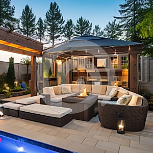 A backyard oasis with a swimming pool, a deck with lounge chairs, and a pergola with a dining area for outdoor entertaining3, Ge