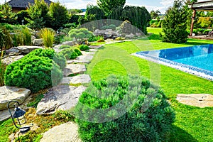 Backyard with outdoor inground residential swimming pool, garden