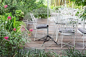 Backyard patio area with alloy table