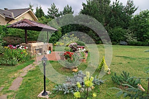 Backyard Patio Area with Fireplace and Furniture. Green Party area.