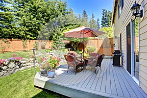 Backyard patio area with landscape photo