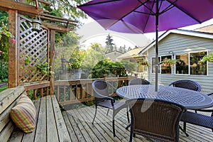 Backyard patio area with outdoor wicker furniture