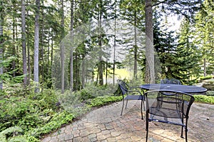 Backyard with pine trees and metal table with chairs.