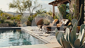 A backyard pool area with a Westernstyle cabana lounge chairs with cowhide cushions and a cactus garden for a desert