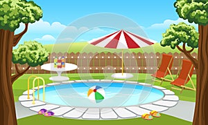 Backyard pool with fence and parasol