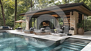 backyard pool oasis, the perfect spot to relax by the pool: a cabana with comfy chairs, a straw umbrella, creating the