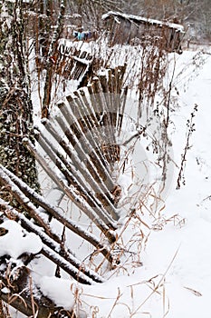 Backyard rickety fence in winter