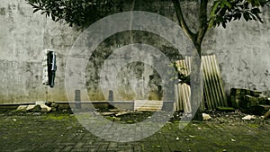 Backyard Scene with Laundry and Construction Materials