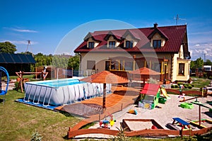 Backyard with swimming pool and sandbox