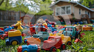 backyard toy playtime, toys strewn across the backyard, reminders of carefree summer days filled with play and joy for