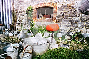 Backyard with vintage garden tools