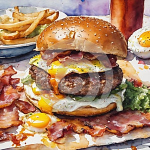 Bacon Cheeseburger with Egg Watercolor
