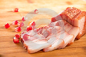 Bacon chop pieces meat delicacy. Grease lard