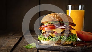 Bacon double cheeseburger with red onion, tomato topping and lettuce salad