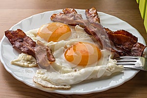 Bacon and eggs. Breakfast. Country style fried eggs with pork ham