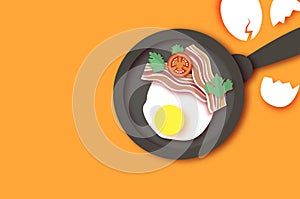 Bacon, eggs and cooking pan with handle. Omelet papercut style. Farm products. Fast food. Natural product. Food