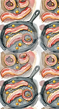 Bacon and Eggs Cooking in Pans Illustration
