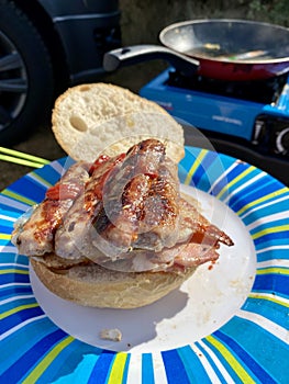 Bacon Eggs and Sausage Roll, Camping Breakfast