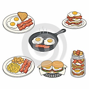 Bacon and Eggs Vector Set Cartoon Breakfast Food Characters, Cute Fried Egg and Crispy Bacon Design 8