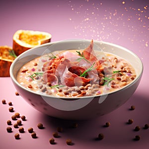Bacon Lentil Soup In A Bowl On Lavender Background