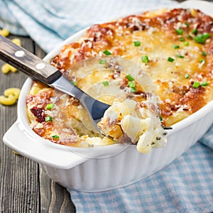Bacon lovers mac and cheese in baking dish, square