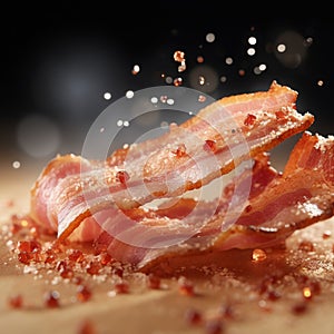 Bacon With Red Sprinkles On Wooden Table - Stock Image